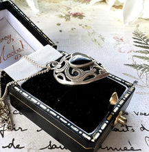 画像をギャラリービューアに読み込む, Vintage Sterling Silver Black Onyx Filigree Heart Pendant Necklace. Silver Open Work Pomander Style Puffy Love Heart Pendant & Curb Chain