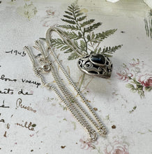 画像をギャラリービューアに読み込む, Vintage Sterling Silver Black Onyx Filigree Heart Pendant Necklace. Silver Open Work Pomander Style Puffy Love Heart Pendant & Curb Chain
