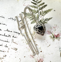 画像をギャラリービューアに読み込む, Vintage Sterling Silver Black Onyx Filigree Heart Pendant Necklace. Silver Open Work Pomander Style Puffy Love Heart Pendant & Curb Chain