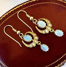 画像をギャラリービューアに読み込む, Victorian 9ct Gold Crescent Moon Opal & Pearl Earrings. Antique Long Pendant Drop Hook Earrings. Victorian Sweetheart/Love Token Jewellery