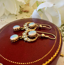 画像をギャラリービューアに読み込む, Victorian 9ct Gold Crescent Moon Opal & Pearl Earrings. Antique Long Pendant Drop Hook Earrings. Victorian Sweetheart/Love Token Jewellery