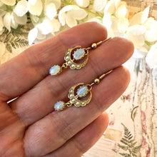 画像をギャラリービューアに読み込む, Victorian 9ct Gold Crescent Moon Opal & Pearl Earrings. Antique Long Pendant Drop Hook Earrings. Victorian Sweetheart/Love Token Jewellery