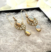 画像をギャラリービューアに読み込む, Victorian 9ct Gold Crescent Moon Opal & Pearl Earrings. Antique Long Pendant Drop Hook Earrings. Victorian Sweetheart/Love Token Jewellery