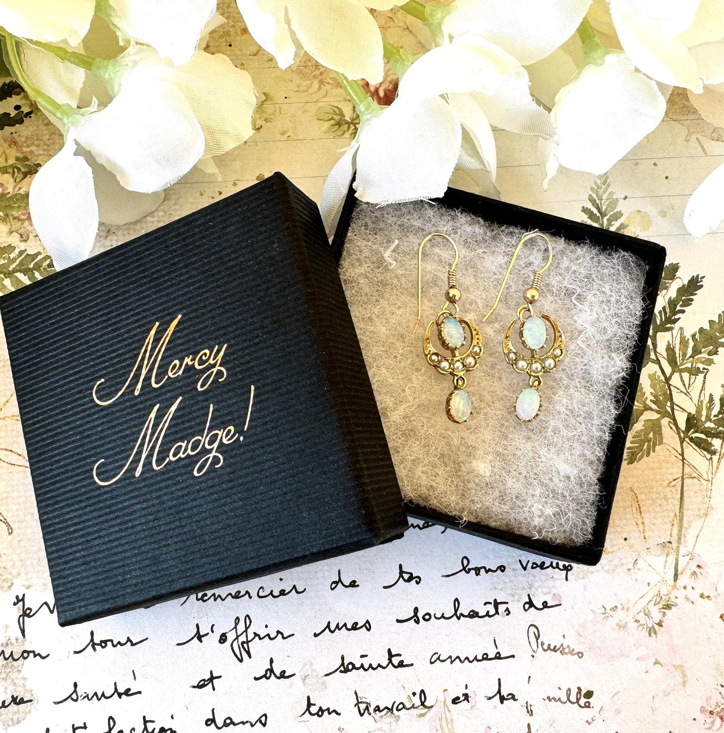 Victorian 9ct Gold Crescent Moon Opal & Pearl Earrings. Antique Long Pendant Drop Hook Earrings. Victorian Sweetheart/Love Token Jewellery