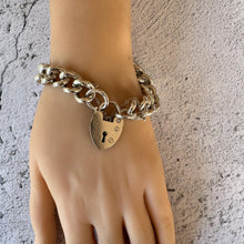 Cargar imagen en el visor de la galería, Vintage Sterling Silver Heavy Curb Chain Bracelet: Heart Padlock Clasp, London 1972