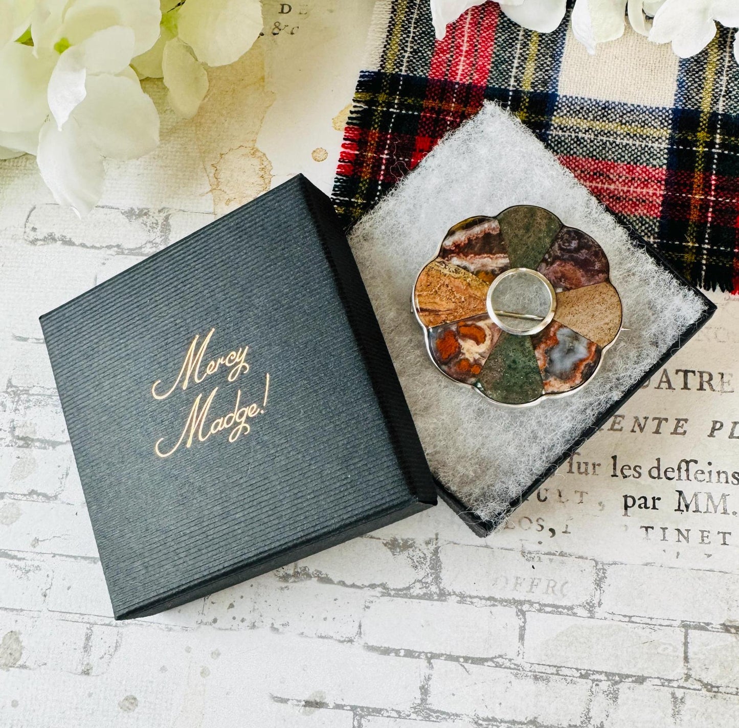 Antique Victorian Scottish Silver Mixed Agate Target Brooch. Large Slate Backed Hardstone Plaid Brooch. Victorian Scottish Pebble Jewelry