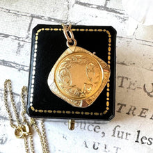 画像をギャラリービューアに読み込む, Antique 9ct Yellow Gold Engraved Shield Square Locket Pendant Necklace. Victorian/ Edwardian Gold Rhombus Locket & Anchor Chain.