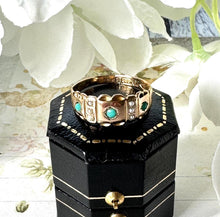 Cargar imagen en el visor de la galería, Antique Victorian 15ct Yellow Gold Turquoise & Pearl Band Ring. Classic Half Hoop Gemstone Ring, Chester 1892. Antique Ring Size N-1/2 or 7