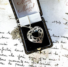 画像をギャラリービューアに読み込む, Vintage Sterling Silver Black Onyx Filigree Heart Pendant Necklace. Silver Open Work Pomander Style Puffy Love Heart Pendant & Curb Chain