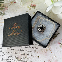 画像をギャラリービューアに読み込む, Vintage Sterling Silver Black Onyx Filigree Heart Pendant Necklace. Silver Open Work Pomander Style Puffy Love Heart Pendant & Curb Chain