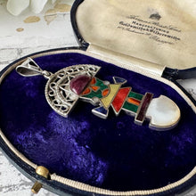 Charger l'image dans la galerie, Vintage Peruvian 950 Silver Gemstone Set Large Tumi Pendant. Native Inca Sun God Inti Figural Ceremonial Knife Sterling Silver Pendant