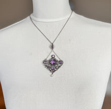 Cargar imagen en el visor de la galería, Antique Art Nouveau Silver Amethyst & Pearl Drop Lavalier Pendant