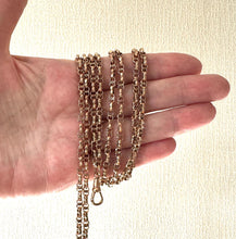 画像をギャラリービューアに読み込む, Antique Georgian/Victorian Rolled Gold 54" Guard Chain Necklace. 9ct Rose Gold Filled Figure-Of-8 Faceted Belcher Chain Necklace/Muff Chain