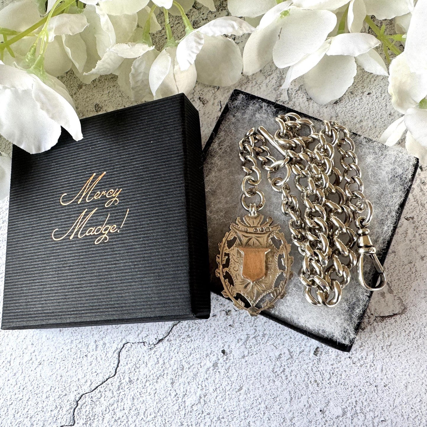 Antique 1896 Victorian Heavy Sterling Silver Albert Watch Chain With Large Gold & Silver Fancy Fob, 72 Grams. Chunky Watch Chain Necklace