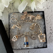 Load image into Gallery viewer, Vintage 1970s Georg Jensen Sterling Silver Curb Chain Charm Bracelet With 9 Charms & Heart Padlock Clasp, All Original