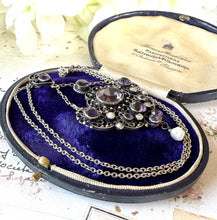 Cargar imagen en el visor de la galería, Antique Art Nouveau Silver Amethyst & Pearl Drop Lavalier Pendant