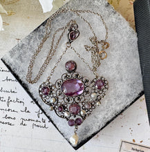 Cargar imagen en el visor de la galería, Antique Art Nouveau Silver Amethyst & Pearl Drop Lavalier Pendant