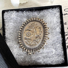 画像をギャラリービューアに読み込む, Antique Victorian Sterling Silver Locket Brooch With Photo Compartment. Oval Aesthetic Engraved Flower Bouquet Victorian Brooch/Lapel Pin