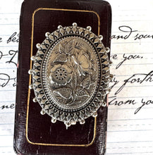 画像をギャラリービューアに読み込む, Antique Victorian Sterling Silver Locket Brooch With Photo Compartment. Oval Aesthetic Engraved Flower Bouquet Victorian Brooch/Lapel Pin
