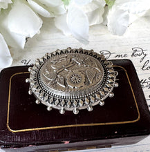 画像をギャラリービューアに読み込む, Antique Victorian Sterling Silver Locket Brooch With Photo Compartment. Oval Aesthetic Engraved Flower Bouquet Victorian Brooch/Lapel Pin