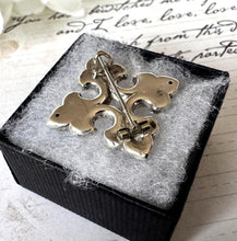 Load image into Gallery viewer, Victorian Sterling Silver Bottony Cross Brooch. Antique Renaissance Engraved Stock/Lapel/Cravat Pin. Small Medieval Heraldic Cross Brooch