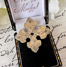 Load image into Gallery viewer, Victorian Sterling Silver Bottony Cross Brooch. Antique Renaissance Engraved Stock/Lapel/Cravat Pin. Small Medieval Heraldic Cross Brooch