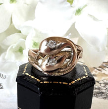 Load image into Gallery viewer, Antique Victorian 15ct Gold Diamond Snake Ring. Double Snake Wrap Yellow Gold & Old Cut Diamond Ring. Romantic Love Token Eternity Ring