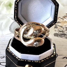 Load image into Gallery viewer, Antique Victorian 15ct Gold Diamond Snake Ring. Double Snake Wrap Yellow Gold & Old Cut Diamond Ring. Romantic Love Token Eternity Ring