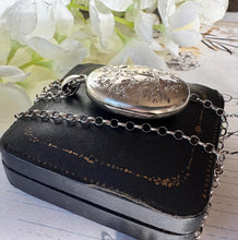 Load image into Gallery viewer, Victorian Aesthetic Engraved Sterling Silver Swallow Locket Pendant Necklace. Antique Puffy Oval Photo Locket & Silver Belcher/Rolo Chain