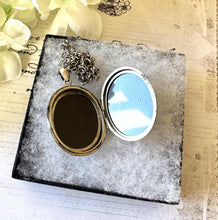Load image into Gallery viewer, Victorian Aesthetic Engraved Sterling Silver Swallow Locket Pendant Necklace. Antique Puffy Oval Photo Locket & Silver Belcher/Rolo Chain