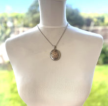 Load image into Gallery viewer, Victorian Aesthetic Engraved Sterling Silver Swallow Locket Pendant Necklace. Antique Puffy Oval Photo Locket & Silver Belcher/Rolo Chain