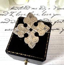 Load image into Gallery viewer, Victorian Sterling Silver Bottony Cross Brooch. Antique Renaissance Engraved Stock/Lapel/Cravat Pin. Small Medieval Heraldic Cross Brooch