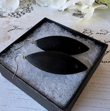 Load image into Gallery viewer, Antique Victorian Vulcanite Drop Sterling Silver Hook Earrings. Black Watch Chain Link & Bead Mourning Earrings. Statement Marquise Earrings