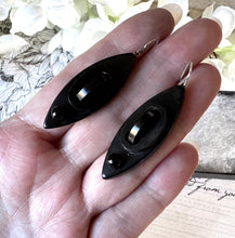 Load image into Gallery viewer, Antique Victorian Vulcanite Drop Sterling Silver Hook Earrings. Black Watch Chain Link & Bead Mourning Earrings. Statement Marquise Earrings