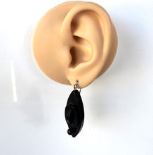 Load image into Gallery viewer, Antique Victorian Vulcanite Drop Sterling Silver Hook Earrings. Black Watch Chain Link & Bead Mourning Earrings. Statement Marquise Earrings