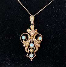 画像をギャラリービューアに読み込む, Antique Art Nouveau 9ct Gold Opal & Seed Pearl Pendant. Victorian/Edwardian Rosy Yellow Gold Opal Pendant With Optional Gold Chain