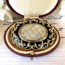 Cargar imagen en el visor de la galería, Antique Victorian Very Large 9ct Gold, Black Enamel Mourning Brooch With Front Locket Compartment & Hair Weave