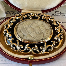 Cargar imagen en el visor de la galería, Antique Victorian Very Large 9ct Gold, Black Enamel Mourning Brooch With Front Locket Compartment & Hair Weave