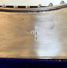 Load image into Gallery viewer, Antique Victorian Aesthetic Engraved Rose & Lily Sterling Silver Bangle In Original Maroon Leather Drum Shaped Bracelet Case, Dated 1883