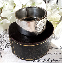 Load image into Gallery viewer, Antique Victorian Aesthetic Engraved Rose & Lily Sterling Silver Bangle In Original Maroon Leather Drum Shaped Bracelet Case, Dated 1883