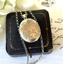Load image into Gallery viewer, Victorian Aesthetic Engraved Sterling Silver Swallow Locket Pendant Necklace. Antique Puffy Oval Photo Locket & Silver Belcher/Rolo Chain