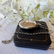 Load image into Gallery viewer, Victorian Aesthetic Engraved Sterling Silver Swallow Locket Pendant Necklace. Antique Puffy Oval Photo Locket & Silver Belcher/Rolo Chain