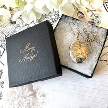 Load image into Gallery viewer, Victorian Aesthetic Engraved Sterling Silver Swallow Locket Pendant Necklace. Antique Puffy Oval Photo Locket & Silver Belcher/Rolo Chain