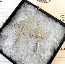 Carica l'immagine nel visualizzatore di Gallery, Antique French Sterling Silver Crucifix Cross Pendant Necklace, Intricate Openwork Silver Cross & Chain. Antique Communion Jewellery Gift