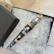 Load image into Gallery viewer, Antique Victorian Scottish Silver Citrine & Agate Sword Kilt Pin. Cairngorm, Montrose Blue Banded Agate Large Dirk/Dagger Statement Brooch
