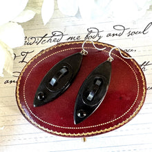 Load image into Gallery viewer, Antique Victorian Vulcanite Drop Sterling Silver Hook Earrings. Black Watch Chain Link & Bead Mourning Earrings. Statement Marquise Earrings
