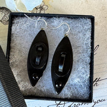 Load image into Gallery viewer, Antique Victorian Vulcanite Drop Sterling Silver Hook Earrings. Black Watch Chain Link & Bead Mourning Earrings. Statement Marquise Earrings