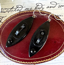 Load image into Gallery viewer, Antique Victorian Vulcanite Drop Sterling Silver Hook Earrings. Black Watch Chain Link & Bead Mourning Earrings. Statement Marquise Earrings
