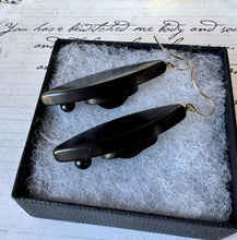 Load image into Gallery viewer, Antique Victorian Vulcanite Drop Sterling Silver Hook Earrings. Black Watch Chain Link & Bead Mourning Earrings. Statement Marquise Earrings