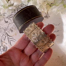 Load image into Gallery viewer, Antique Victorian Aesthetic Engraved Rose & Lily Sterling Silver Bangle In Original Maroon Leather Drum Shaped Bracelet Case, Dated 1883